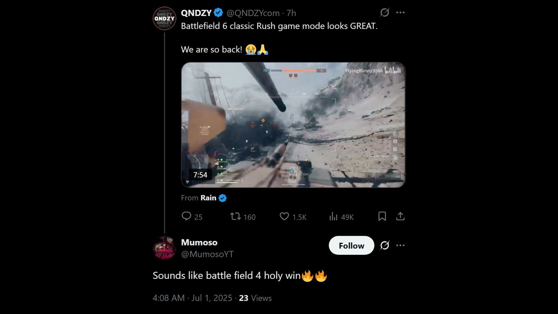 Another X user sharing their opinion on Battlefield 6 Rush gameplay leaks (Image via X)